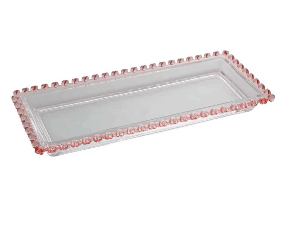 Travessa Retangular de Cristal Coração Borda Rosa 30cm x 13cm x 3cm - Lyor