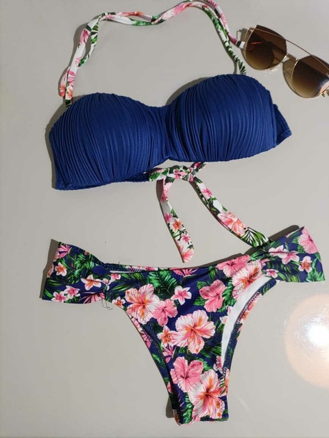 Biquini hibiscus azul estampado tam P