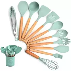 Jogo de Cozinha Kit C 19/12 Pçs de Silicone Utensílios e Copo Suporte para Cozinha Cabo de Madeira Su na internet
