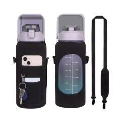 Garrafa de água térmica de grande capacidade com compartimento para celular e chaveiro.