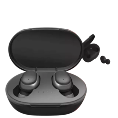 Fone de ouvido Bluetooth Xiaomi Redmi AirDots 2 sem fio dentro de seu estojo de carregamento. Um dos fones está fora do estojo.
