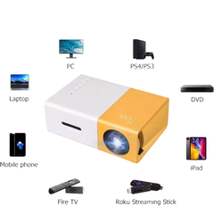 Mini projetor portátil Led YG300 com suporte a múltiplos dispositivos, incluindo PC, laptop, console de jogos, DVD e dispositivos móveis.