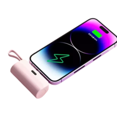 Carregador Mini Power Bank 5000mAh portátil sem fio, com um smartphone exibindo indicador de carga.