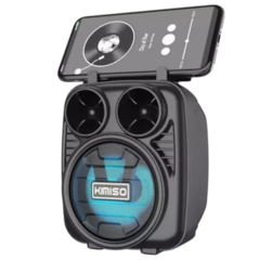 Caixa de som Bluetooth potente com rádio FM e design moderno, mostrando o logotipo da Kimiso e um smartphone conectado.