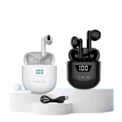Fones de ouvido Bluetooth LE2407 nas cores branca e preta, com estojo de carregamento e cabo USB.