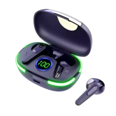 Fone de ouvido Bluetooth FANG Air Pro 80 com display LED e redução de ruído, apresentado em estojo de carregamento.