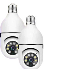 Kit com duas câmeras de segurança 360 graus com infravermelho, design compacto e moderno.