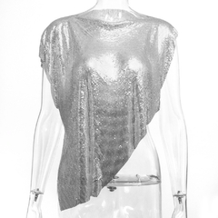 Fantoye, prata, sexy, metal, manga curta, camisetas femininas o pescoço assimetria v