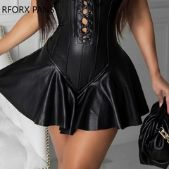 Feminino ,couro plutônio, espaguete, cinta ilhó ,rendas, vestido plissado - comprar online
