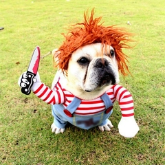 Cão engraçado roupas cães cosplay traje halloween roupas cômicas segurando uma faca - dezzabella57