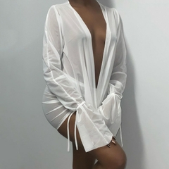 [Omsj ]moda clube streetwear, 2 peças, conjunto profundo decote rendado em v manga - dezzabella57
