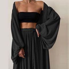 Feminino, 3 peças, define homewear ,moda casual lanterna manga cardigan topos + calcas largas - dezzabella57