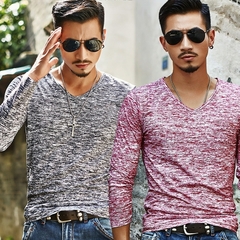 [ primavera] dos homens de manga longa t-shirts com decote em v preto t camisa na internet