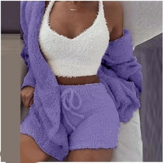 Três peças sexy[fluffy outfits] veludo de pelúcia com capuz casaco cardigan + - loja online