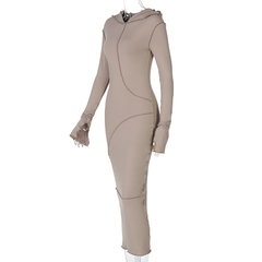 Hugcitar, Manga Longa Com Capuz, Patchwork Magro, Vestido Maxi , Outono, Inverno