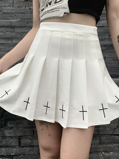 Insgoth cintura alta, mini saias pretas, gótico streetwear, cruz, impressão plissa - dezzabella57