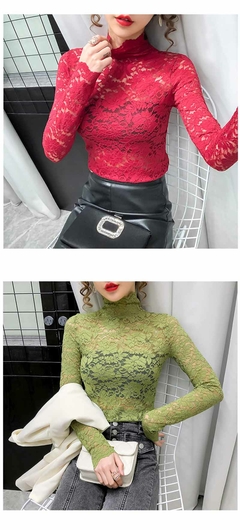 Camiseta feminina outono fino preto rendas camiseta sexy gola alta manga longa