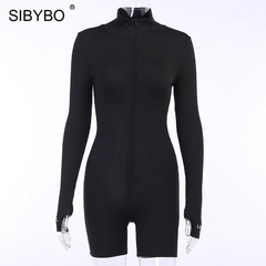Imagem do Sibybo com nervuras, gola alta ,esporte wear casual ,macacão feminino carta bordado