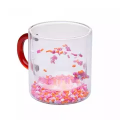 Caneca Parede Dupla de Vidro Borossilicato com Alça Vermelha Flower 300ml - Lyor