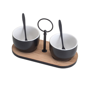 Conjunto Bandeja de Bambu Com 2 Molheiras de Cerâmica e 2 Colheres de Aço Inox