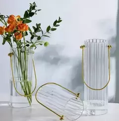 Vaso Vidro Canelado Decoração Flores Alça Metal Dourado na internet