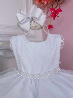 Vestido Infantil Branco Peito Strass Voal Cinto de Pérolas (1222BC) - loja online