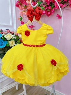 Vestido Infantil Bela e a Fera Saia Glitter e Aplique Flores (0109AV) - loja online