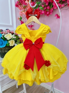 Vestido Infantil Bela e a Fera Saia Glitter e Aplique Flores (0109AV)