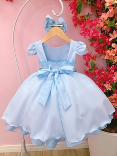 Vestido Infantil Azul Bebê Peito Nervuras Cinto de Pérolas (7504AV) na internet