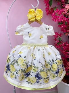 Vestido Infantil Marfim Florido Amarelo C/ Cinto de Pérolas (2256MA) - comprar online