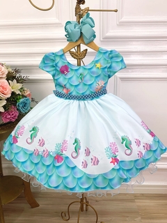 Vestido Infantil Fundo do Mar Com Cinto de Pérolas Luxo (3205VD)