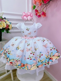 Vestido Infantil Branco Jardim das Borboletas Peito Strass (0594BR)