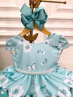 Vestido Infantil Verde Tiffany Jardim das Borboletas Pérolas (1159VD)