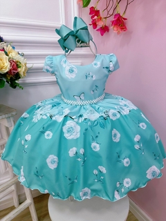 Vestido Infantil Verde Tiffany Jardim das Borboletas Pérolas (1159VD) na internet