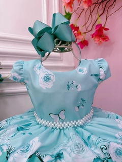 Imagem do Vestido Infantil Verde Tiffany Jardim das Borboletas Pérolas (1159VD)