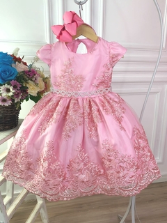 Imagem do Vestido Infantil Rosa Com Renda Realeza e Cinto Pérolas (2210RC)
