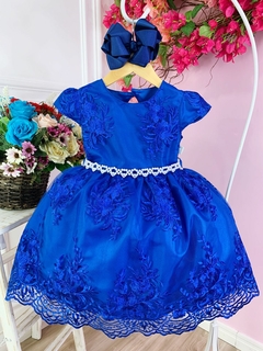 Vestido Infantil Azul Royal C/ Renda Realeza Cinto Pérolas (2210AY) - comprar online
