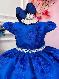Vestido Infantil Azul Royal C/ Renda Realeza Cinto Pérolas (2210AY)