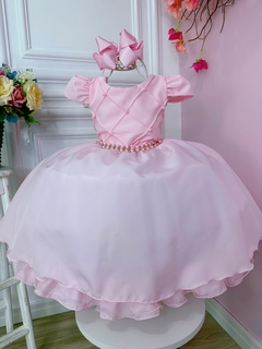 Vestido Infantil Rosa Daminhas C/ Cinto de Pérolas (7504RS)
