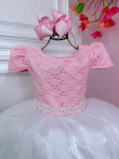 Vestido Infantil Rosa C/ Renda Saia Branca Damas Longo (2208RT) na internet