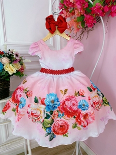 Vestido Infantil Floral Vermelho Luxo Com Cinto de Pérolas (0753RS) na internet