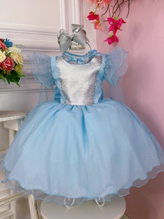 Vestido Infantil Frozen Anna e Elsa Azul C/ Glitter e Capa (3257AZ) - Lily Dresses Store