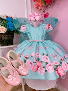 Imagem do Vestido Infantil Verde Tiffany Jardim das Borboletas Strass (1640VT)