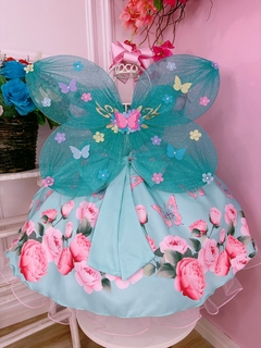 Vestido Infantil Verde Tiffany Jardim das Borboletas Strass (1640VT) - loja online
