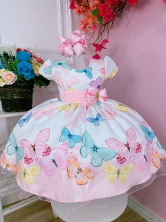Vestido Infantil Branco C/ Borboletas Coloridas e Broche (1643BR)