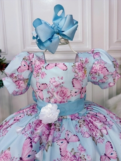 Vestido Infantil Azul Bebê Jardim das Borboletas C/ Broche (3202AZ) - comprar online
