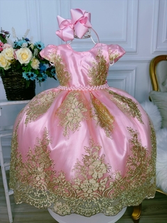 Vestido Infantil Rosa C/ Renda Realeza Dourada Cinto Pérolas (4610RF)