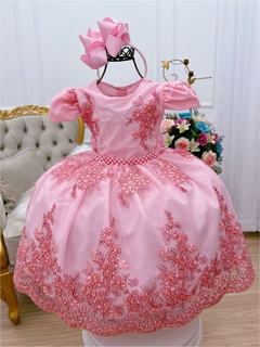 Vestido Infantil Rosa Renda Realeza Festa Cinto de Pérolas (1100RS) - loja online