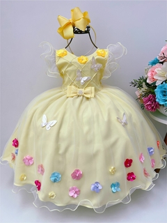 Vestido Infantil Amarelo Nervura Aplique Borboletas Flores (3558AE)