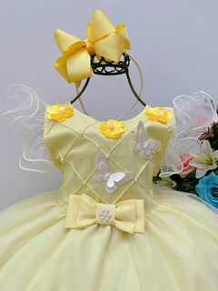 Vestido Infantil Amarelo Nervura Aplique Borboletas Flores (3558AE) - comprar online